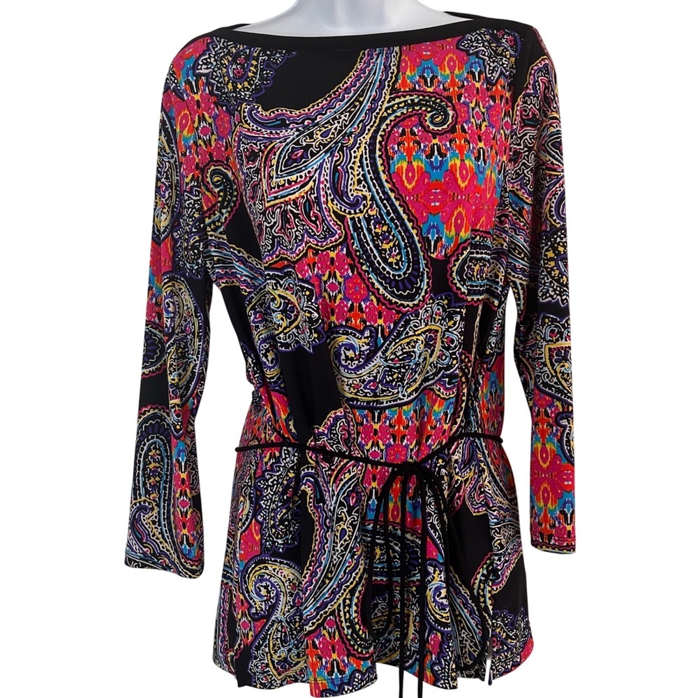 NWOT Lauren Ralph Lauren Women's M Paisley Ikat Tunic Top Black Multi Boat Neck